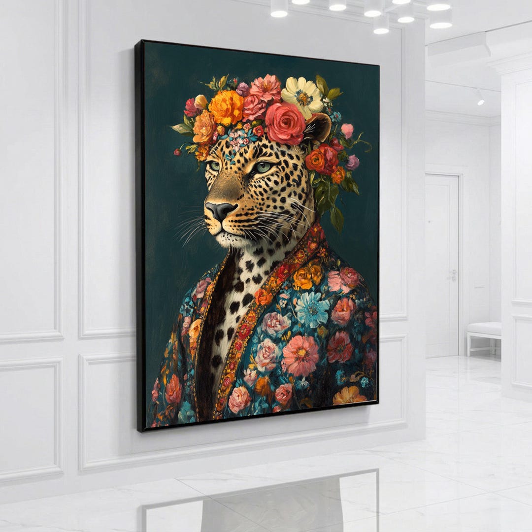 Regal Leopard Portrait Canvas, Floral Crown Wall Art, Animal and Flower ...