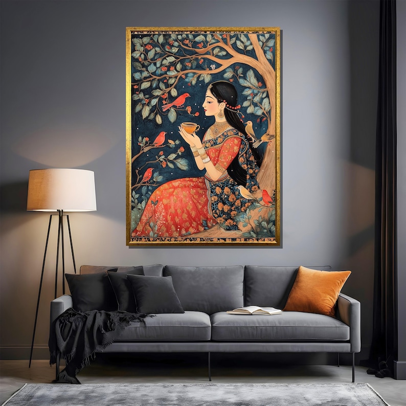May include: A painting of a woman in a red and blue dress sitting under a tree with birds. The woman is holding a cup and looking at the birds. The painting is done in a traditional style with intricate details.