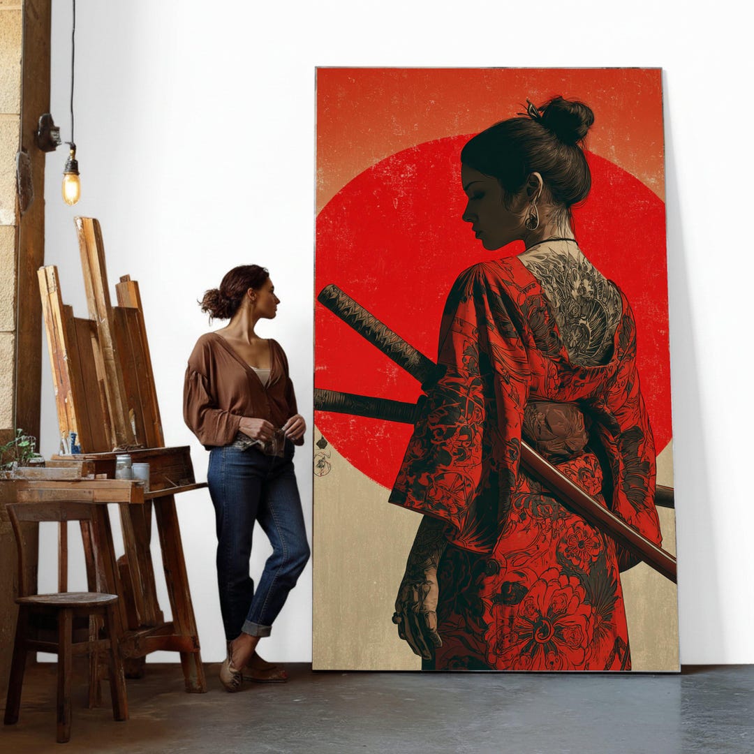 Samurai Woman in Red Kimono Canvas Wall Art, Japanese Sword Artwork ...