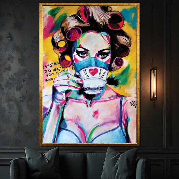 Vibrant Pop Art Canvas Painting of a Woman With Mask and Coffee