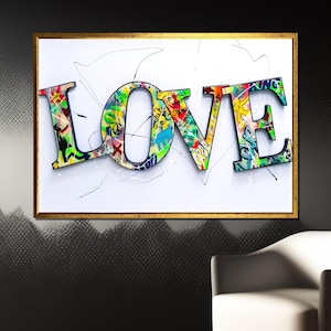 Pintura en lienzo con grafiti "LOVE": decoración de pared de arte callejero moderno, expresión colorida de amor, regalo perfecto para amantes del arte