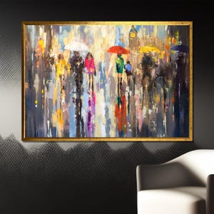 Vibrant Street Scene Canvas Painting - Colorful City Life in the Rain with Umbrellas, Perfect Gift for Modern Home Decor Lovers