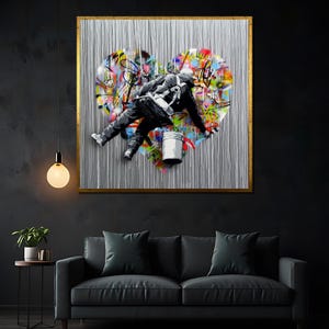 Vibrant Graffiti Art of Street Painter Creating Heart - Modern Urban Canvas Painting and Unique Gift for Art Lovers