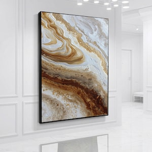 Tela Toni Terra Elegante, Arte Astratta Marmo, Decor Marrone e Oro, Soggiorno Moderno, Pronta da Appendere