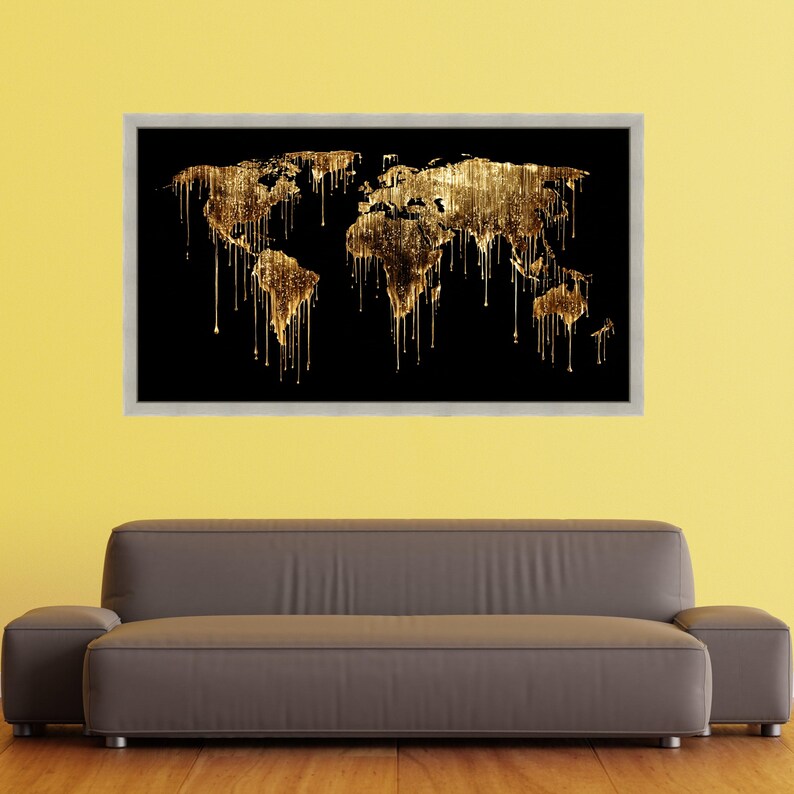World Dripping Design Golden Dripping World Map Canvas, Abstract Globe Wall Art, Modern Black ...