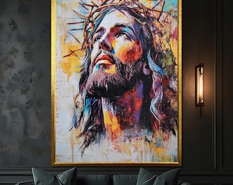 Könnte beinhalten: Ein lebendiges, gerahmtes Gemälde zeigt ein Porträt von Jesus mit einer Dornenkrone. Das Kunstwerk weist eine farbenfrohe Palette aus Rot-, Blau-, Gelb- und Orangetönen mit einem goldenen Rahmen auf. Der Blick des Subjekts ist nach oben gerichtet und vermittelt Ehrfurcht.