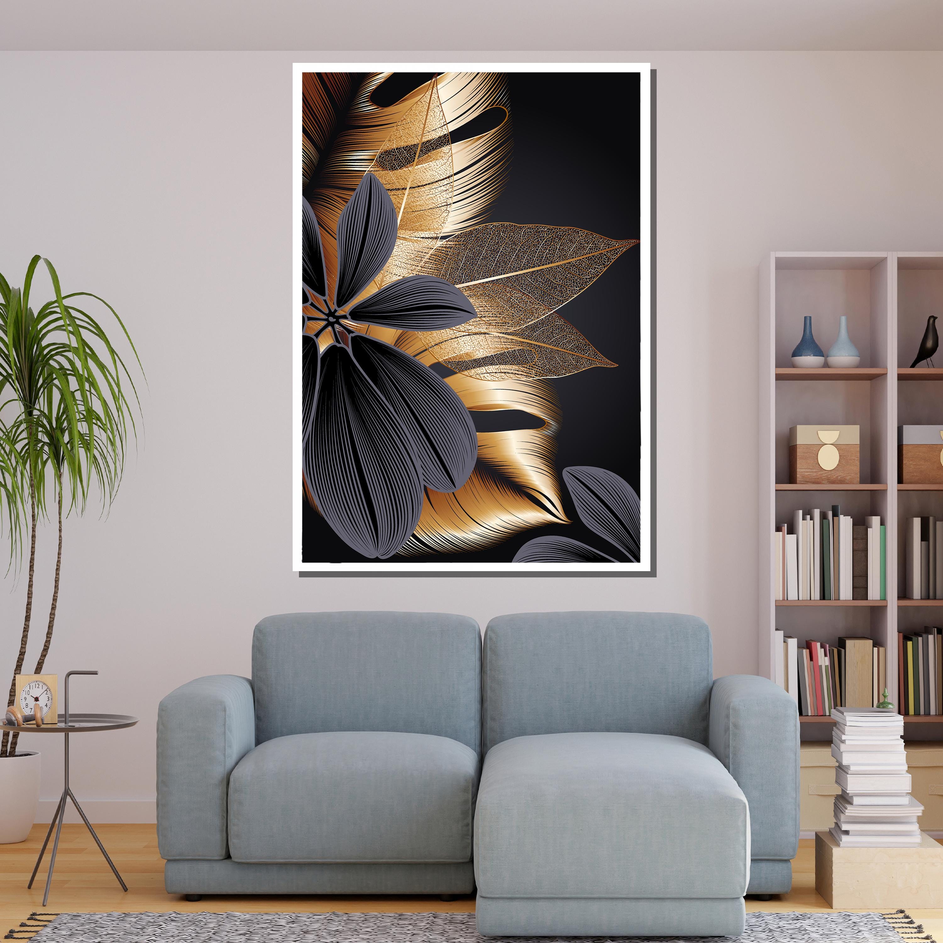 Luxury Black and Gold Leaf Canvas Painting – Elegant Floral Wall Art ...