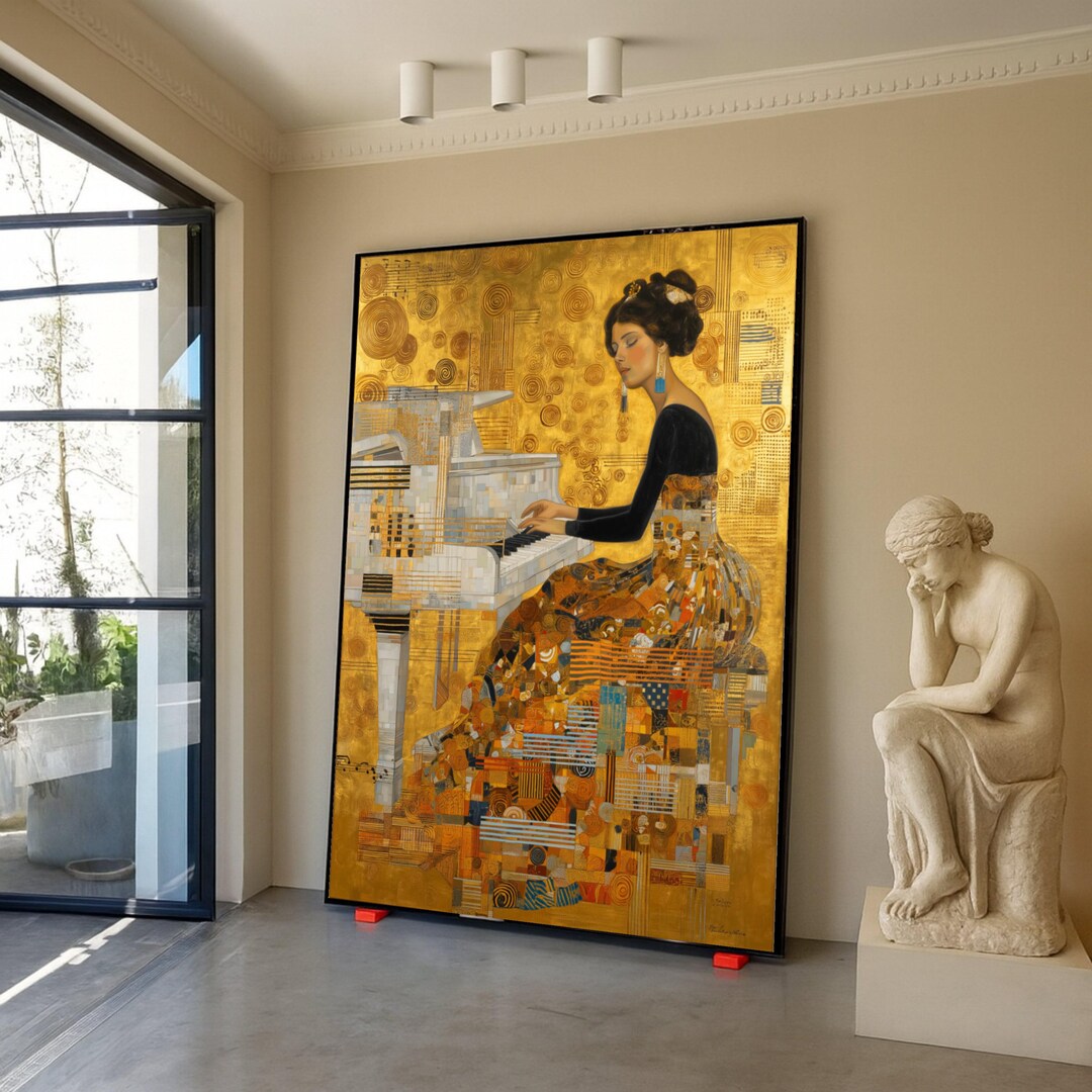 Gustav Klimt Woman Playing Piano Canvas, Modern Art Wall Decor, Golden ...