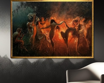 Joseph Tomanek &#39;Fire Dance&#39; Canvas Painting Gift - Enchanting Depiction of Dancers in Fiery Glow for a Bold and Mystical Wall Art Decor