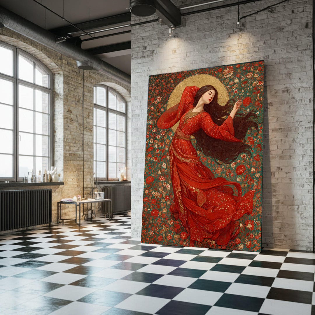 Elegant Woman in Flowing Red Dress Canvas, Floral Pattern Wall Art ...