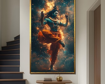 Cosmic Dance of Lord Shiva Canvas Painting – Nataraja Tandava Pose – Divine Hindu Spiritual Art ,Meditation Decor
