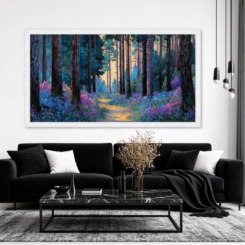 Vibrant Forest Path Canvas Print, Colorful Floral Landscape Wall Art ...