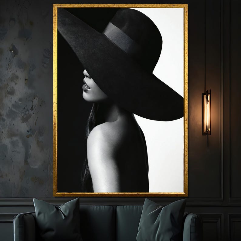 Black and White Woman With Wide-brimmed Hat Canvas Painting – Elegant ...