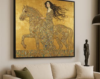 Gustav Klimt Lady on Horse Canvas, Golden Art Deco Wall Art, Modernist Decorative Canvas, Elegant Female Portrait on Horseback