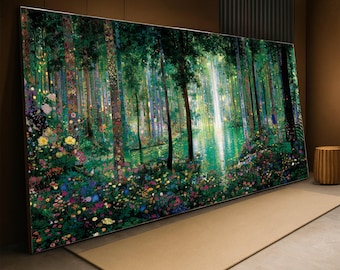 Betoverd boslicht, Gustav Klimt-canvas, levendige natuurkunst aan de muur, bos bloemenlandschap, groen decor, klaar om op te hangen canvas