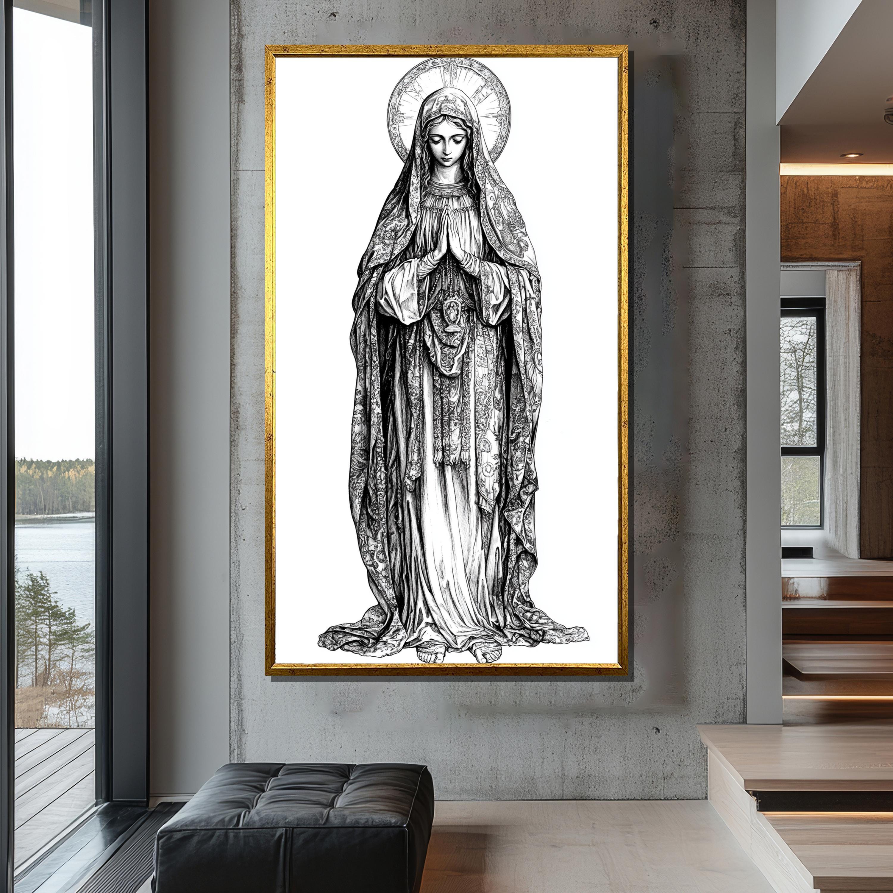 聖母マリアのキャンバス画、白黒の宗教アート、聖母の壁飾り