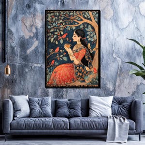 May include: A woman in a red and blue dress sits under a tree with birds. She holds a cup in her hand and looks at the birds. The background is a dark blue with green leaves and flowers.