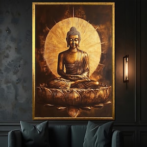 Golden Buddha Canvas Painting on Lotus Flower, Radiant Zen Wall Art for Home, Spiritual Meditation Gift Decor