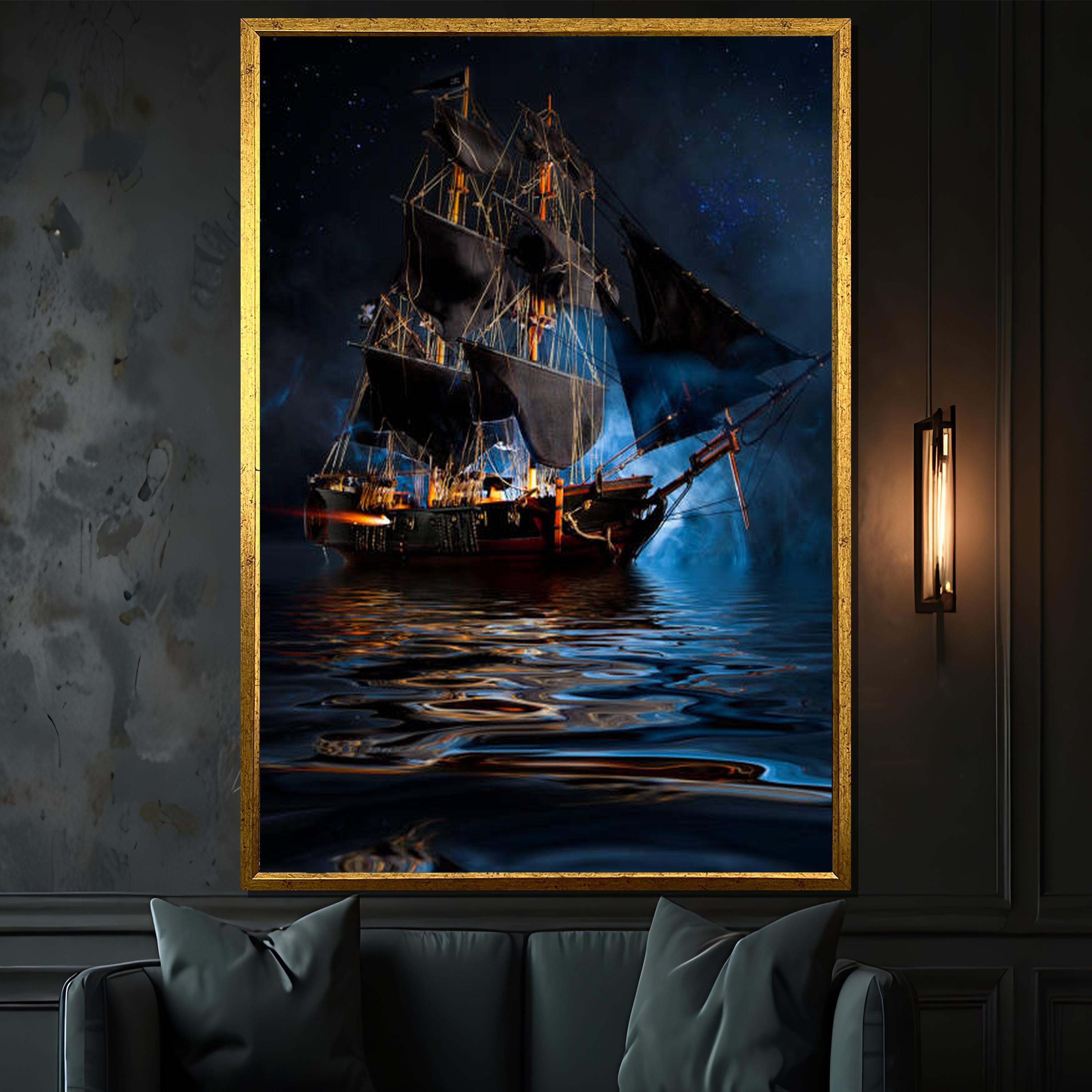 Pirate Ship at Midnight Canvas Painting - Majestic Black Sails