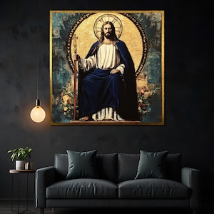 Jesus seated on golden throne with halo and staff – sacred Christian icon canvas painting, spiritual religious wall art gift
