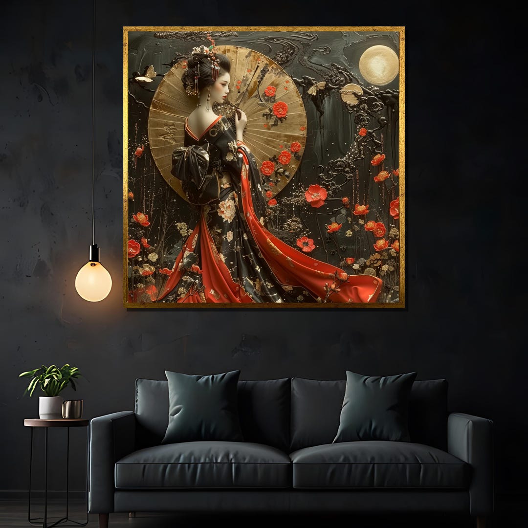 Art Deco Geisha Canvas Painting Gift, Japanese Lady in Black and