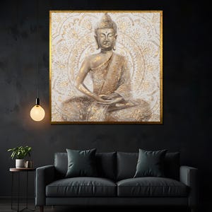 Golden Buddha with Mandala Design – Zen Canvas Painting, Spiritual Wall Art, Unique Gift for Meditation and Elegant Home Decor