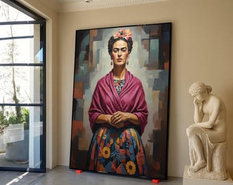 Levendige Frida portret canvas, gedurfde kleurrijke vrouw schilderij, Mexicaanse volkskunst canvas, bloemen jurk kunst aan de muur, klaar om op te hangen woondecoratie