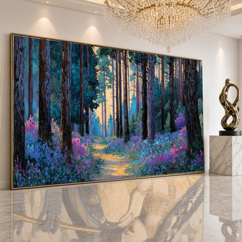 Vibrant Forest Path Canvas Print, Colorful Floral Landscape Wall Art ...