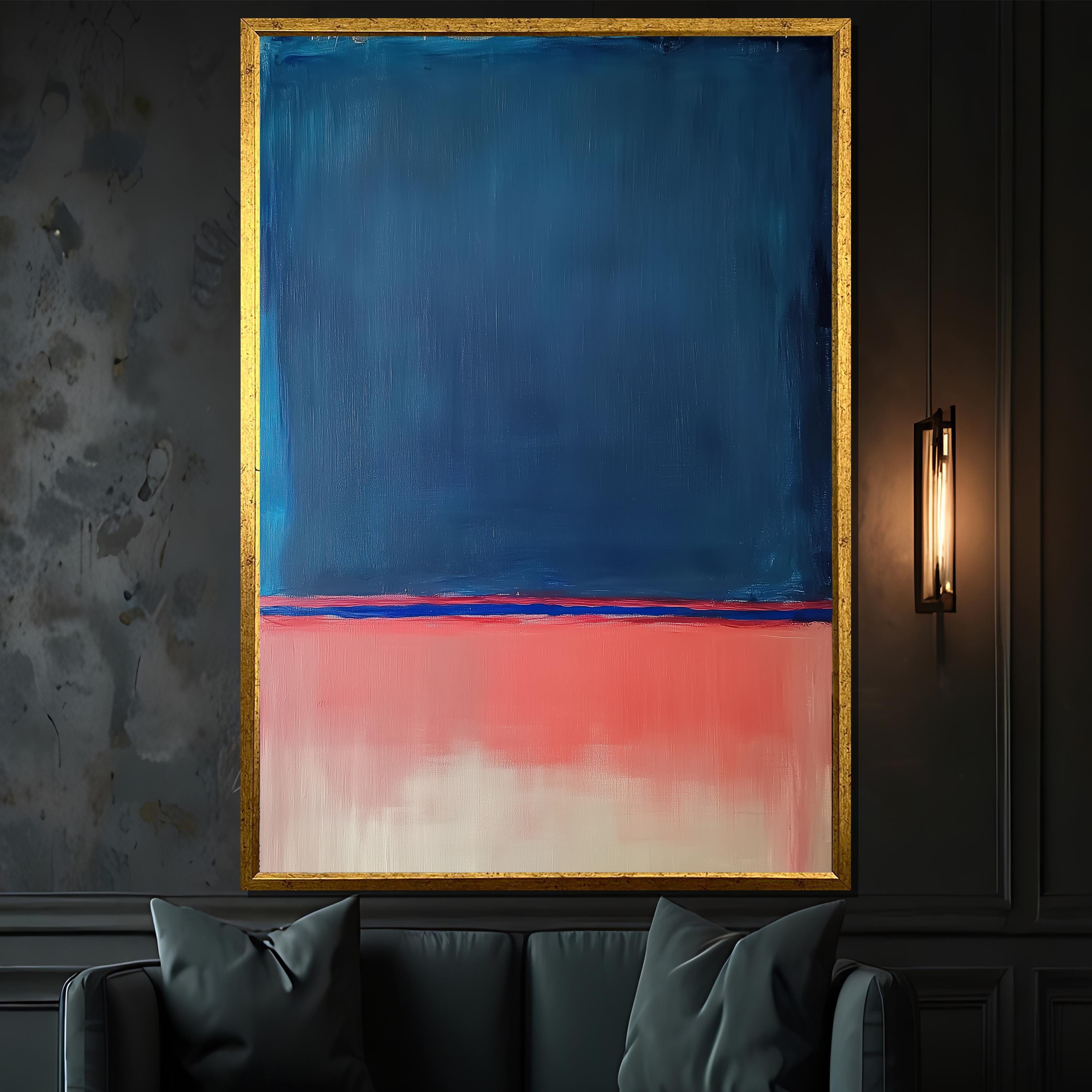 Mark Rothko  Striped Horizon: Deep Ultramarine Blue over Coral Pink and White with Vibrant Red and Cobalt Blue Accents