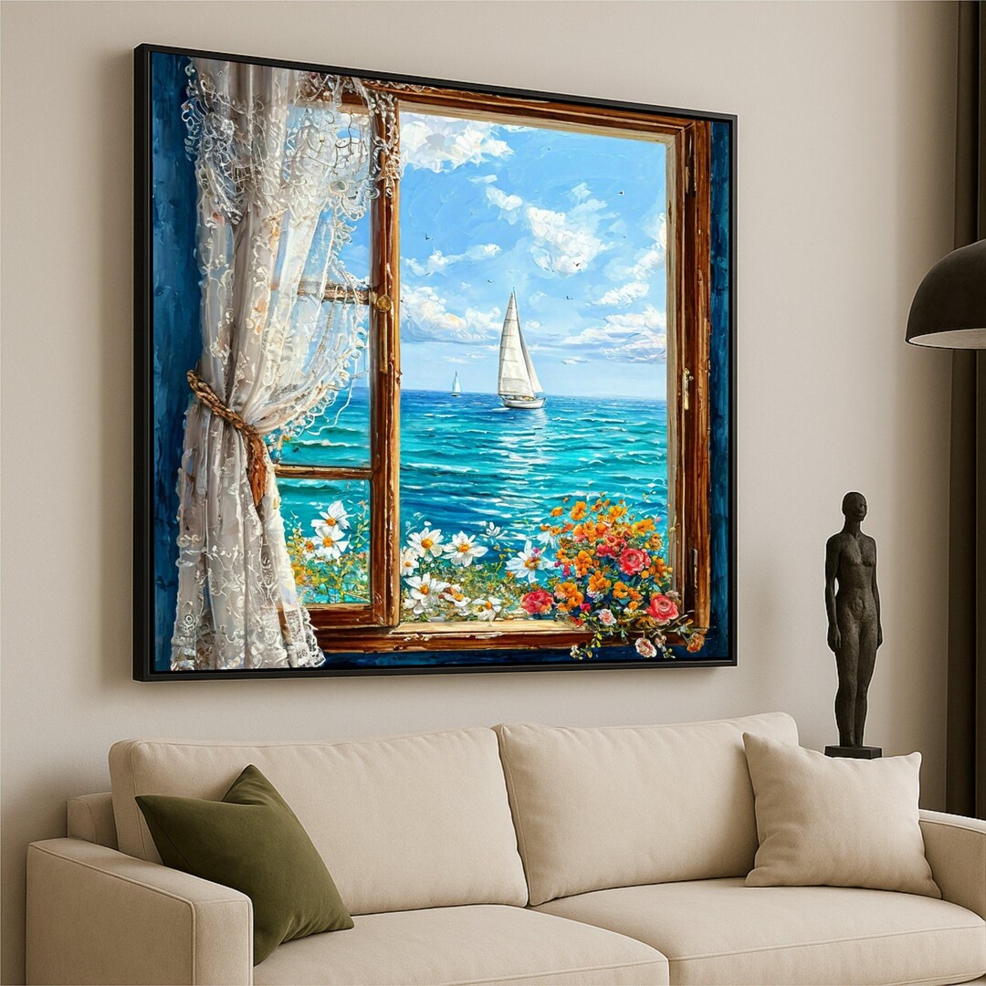 Ocean View From Rustic Window Canvas, Sailboat Sea Scene Wall Art ...