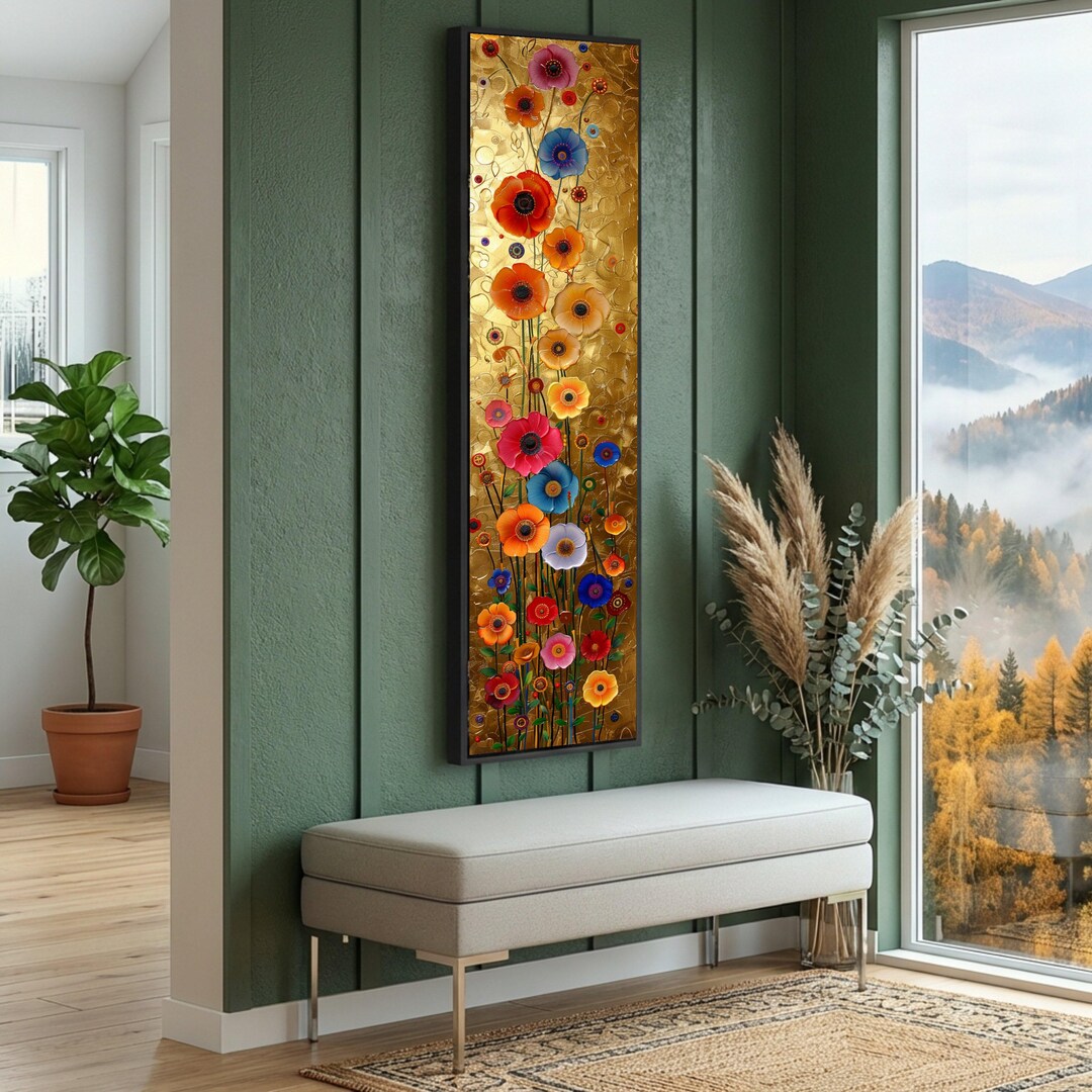 Vibrant Floral Bouquet Canvas Wall Art, Colorful Poppy Flowers on Gold ...