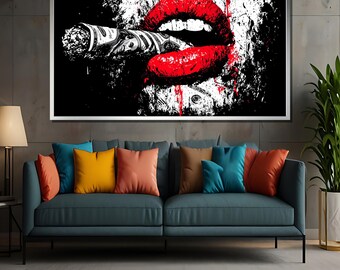 Toile Pop Art – Lèvres Rouges Et Money Roll, Graffiti, Décoration Murale Sur Toile