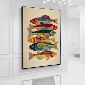 May include: A rectangular wall art print featuring a vertical stack of six stylised fish in a variety of vibrant colours including red, purple, teal, orange, and yellow. Each fish displays intricate line patterns and distinct scales on a cream background.
