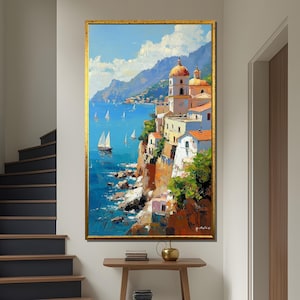 Pu&ograve; includere: Un dipinto di una colorata citt&agrave; costiera italiana con edifici bianchi, un mare blu e barche a vela. Il dipinto &egrave; incorniciato in oro.