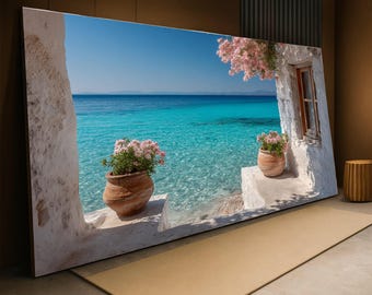 Mittelmeer Blick auf die Küste, Leinwand auf Leinwand, Türkisfarbenes Meer, rustikale weiße Hütte, Blumentopf-Dekor, Wanddekoration, Hausdekoration