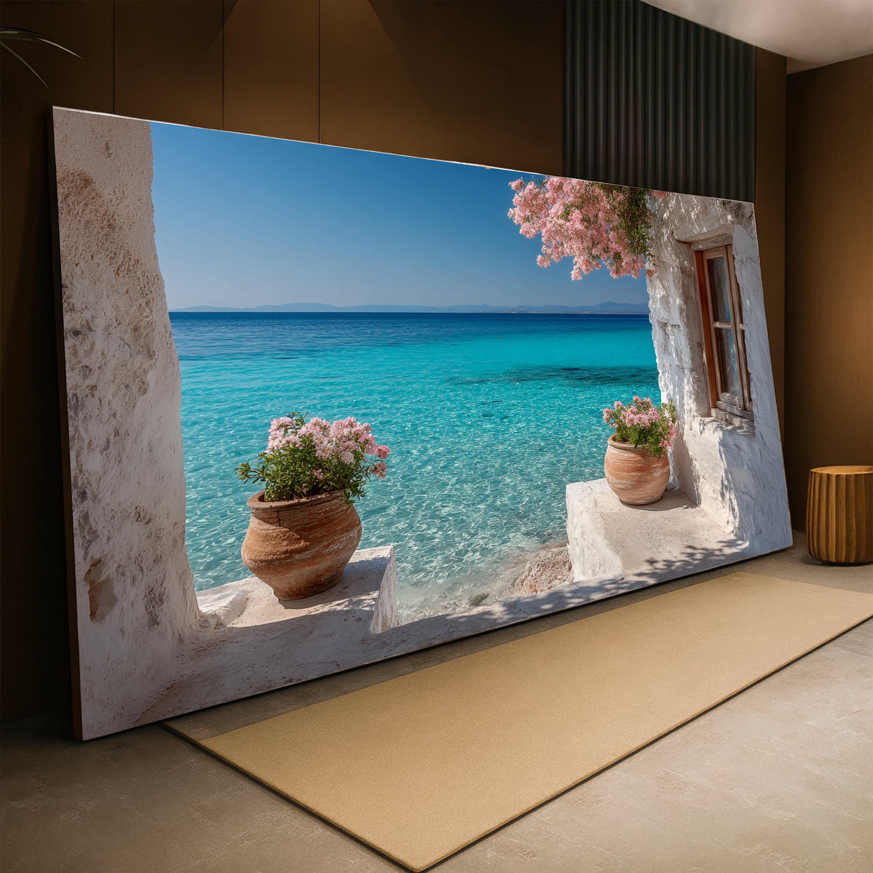 Mediterranean Seaside View Canvas, Turquoise Ocean Wall Art, Rustic ...