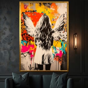 Graffiti Angel Canvas Painting - Urban Street Art Wall Decor - Modern Spiritual Artwork - Unique Gift for Art Lovers