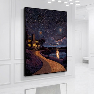 May include: A framed art print depicts a nighttime landscape with a house, a winding path, and a lake under a starry sky. The artwork features warm, golden hues for the path and house lights, contrasting with the cool blues and purples of the night.