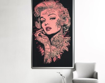 マリリン・モンロー 手描きキャンバス Teraoサイン 額付き 絵画 マリリン・モンローのタトゥーアートキャンバス絵画ギフト - 大胆な