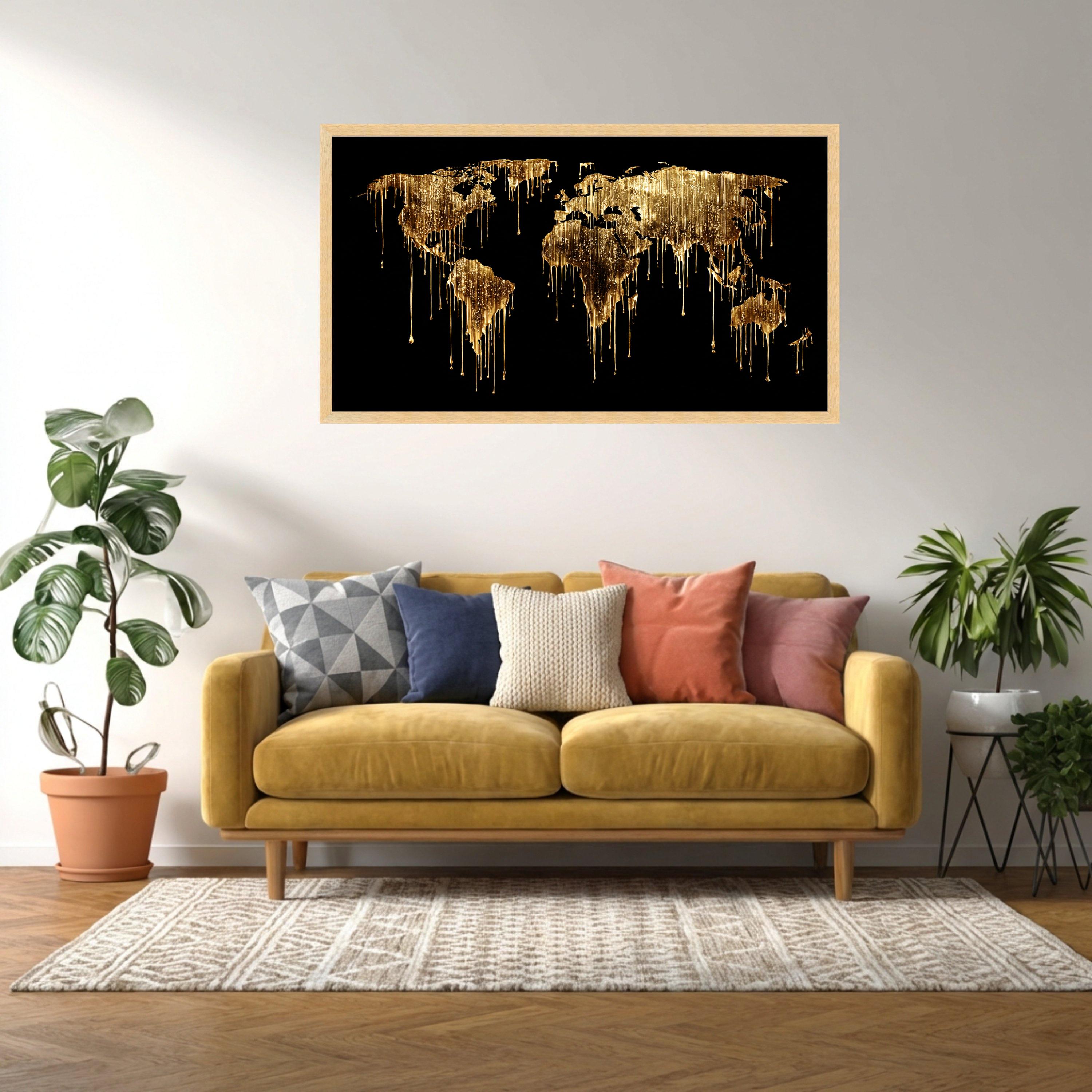 World Dripping Design Golden Dripping World Map Canvas, Abstract Globe Wall Art, Modern Black ...