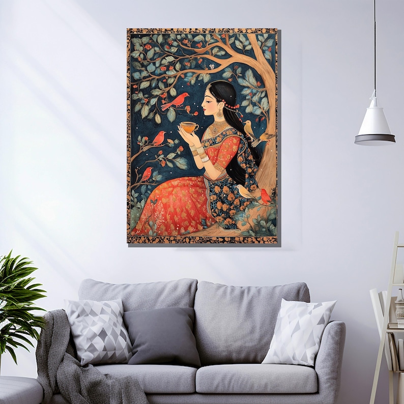 May include: A painting of a woman in a red and blue dress sitting under a tree with birds. She is holding a cup in her hand and looking at the birds.