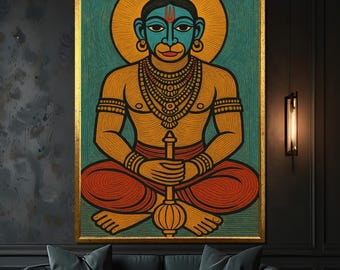 Hanuman Hindu Kunstdruck, bunte indische Mythologie Wanddekoration, spirituelle Hanuman Leinwand, heilige Hindu Wandkunst