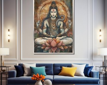 Lord Shiva Canvas Painting, Meditative Hindu Art, Spiritual Chakra