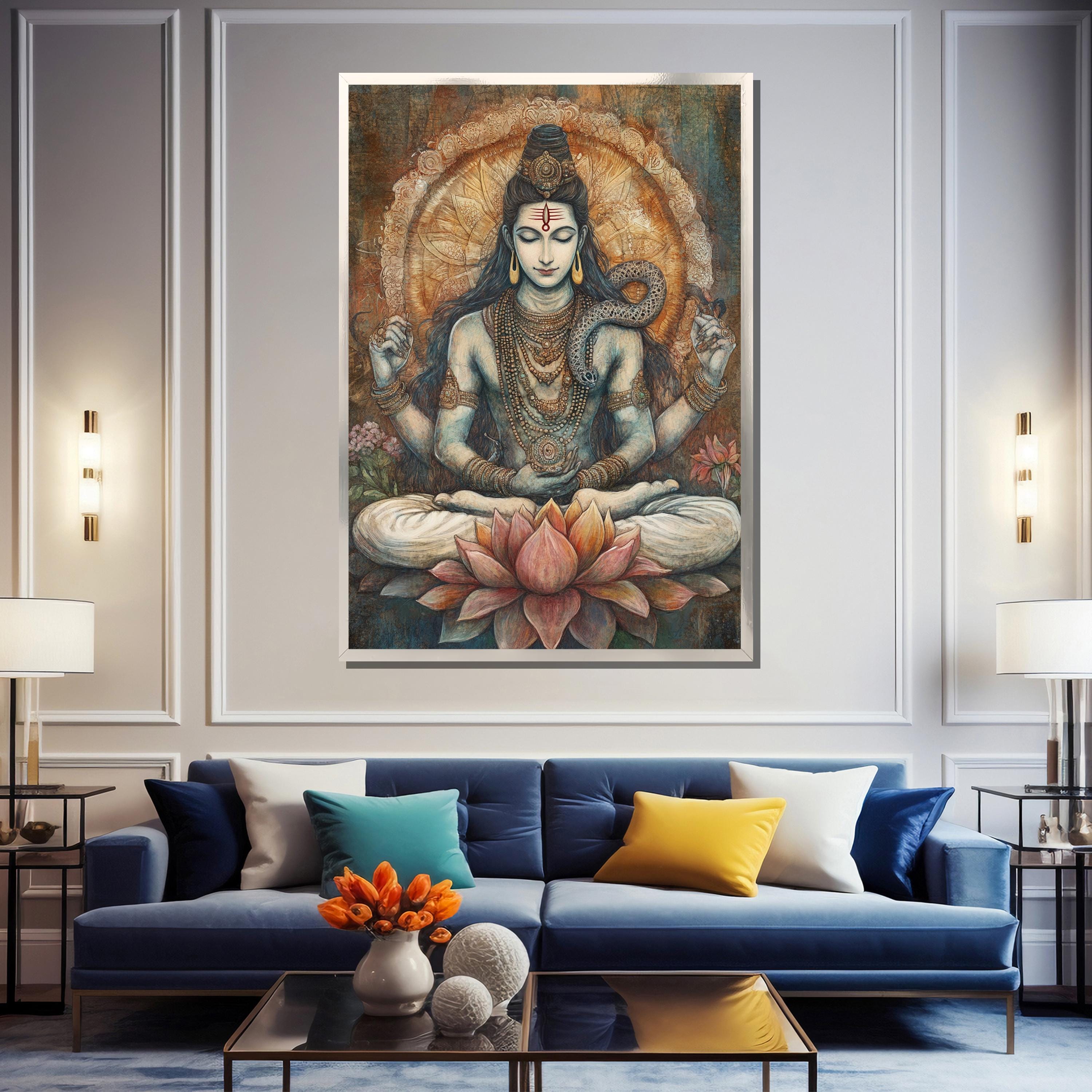 Lord Shiva Canvas Painting, Meditative Hindu Art, Spiritual Chakra