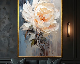 White Peony Canvas Painting – Elegant Floral Wall Art Gift, Flower Decor for Living Room or Bedroom