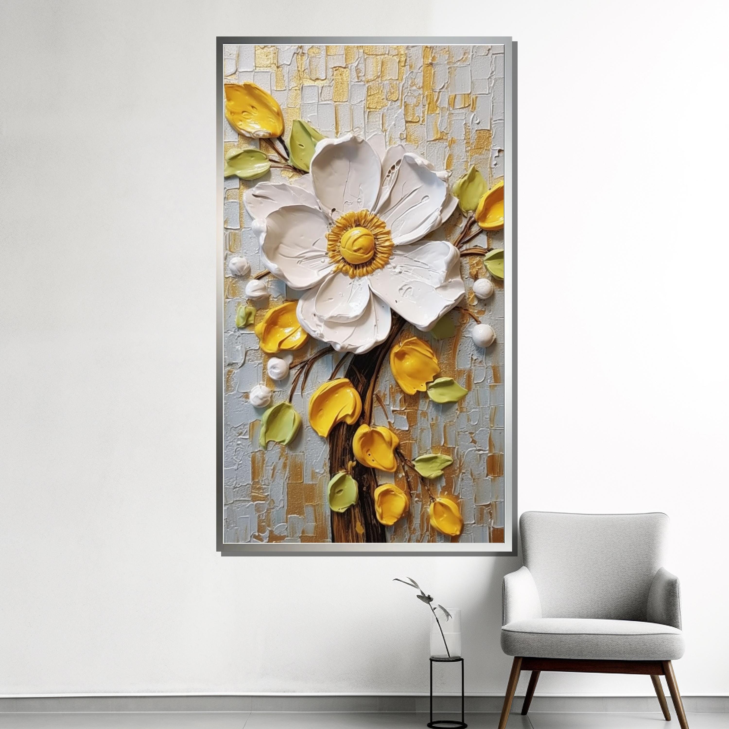 白と黄色の花のキャンバス絵画 - モダンなインテリアにぴったりの