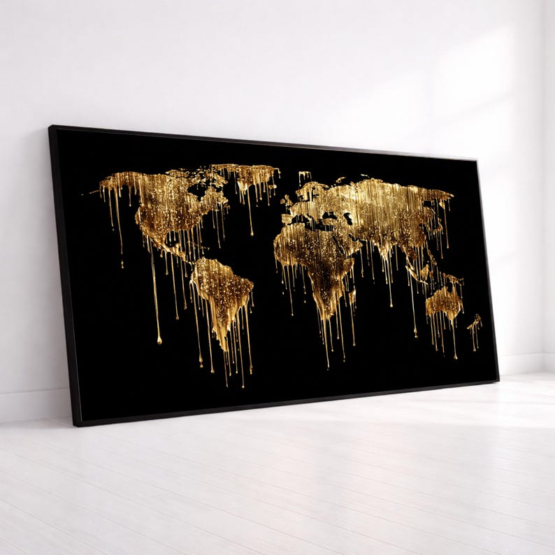 World Dripping Design Golden Dripping World Map Canvas, Abstract Globe Wall Art, Modern Black ...