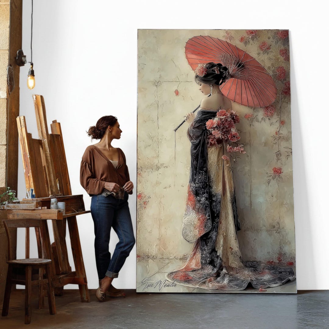 Elegant Geisha Woman With Red Umbrella Canvas, Traditional Japanese Art ...