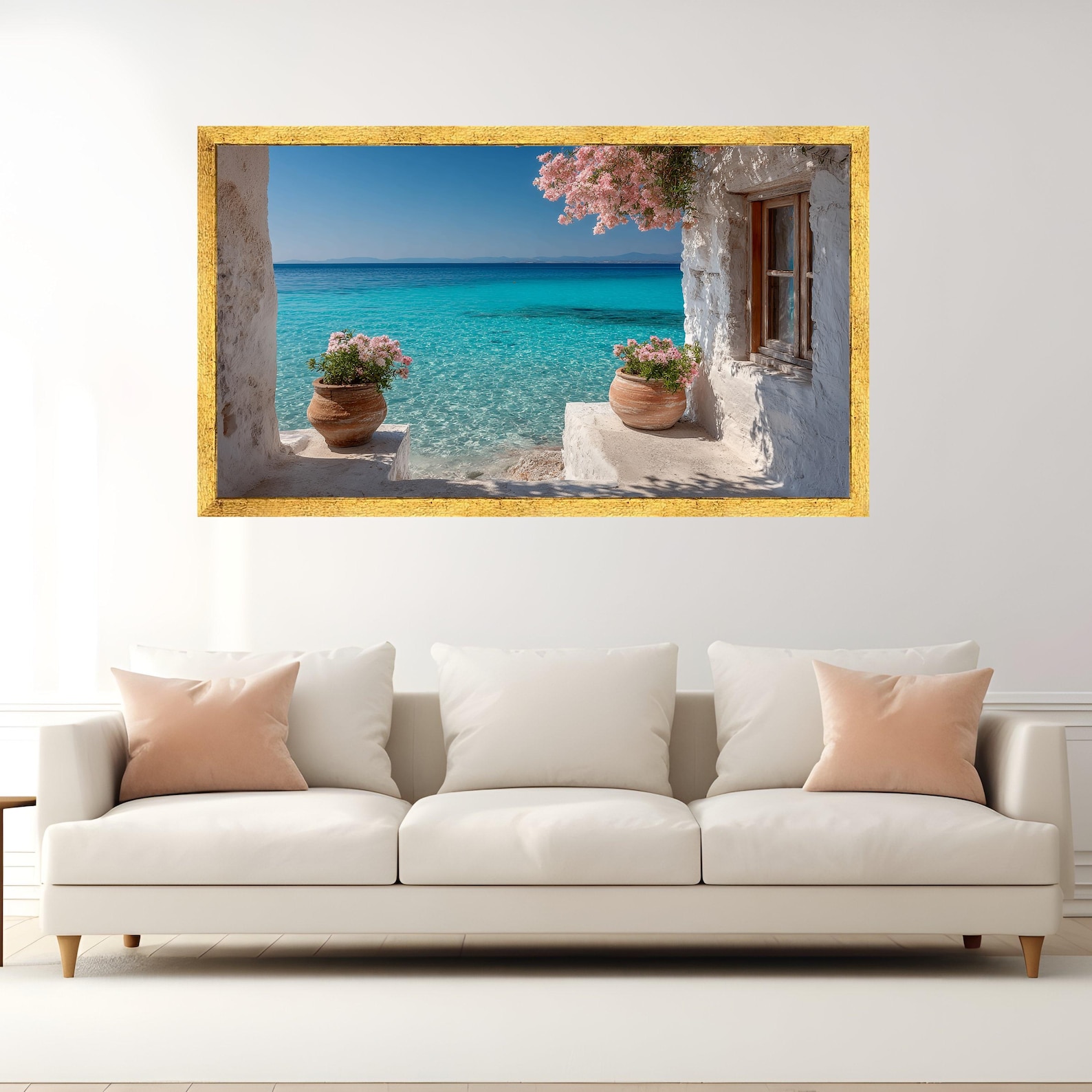 Mediterranean Seaside View Canvas, Turquoise Ocean Wall Art, Rustic ...