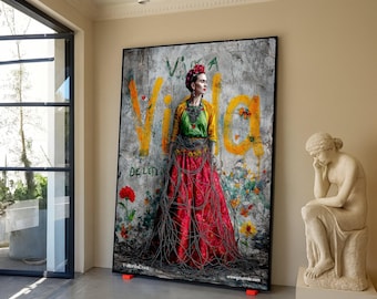Frida geïnspireerd canvas schilderij Viva la Vida kunst aan de muur, kleurrijk Mexicaans portret canvas schilderij, boho kunst cadeau decor